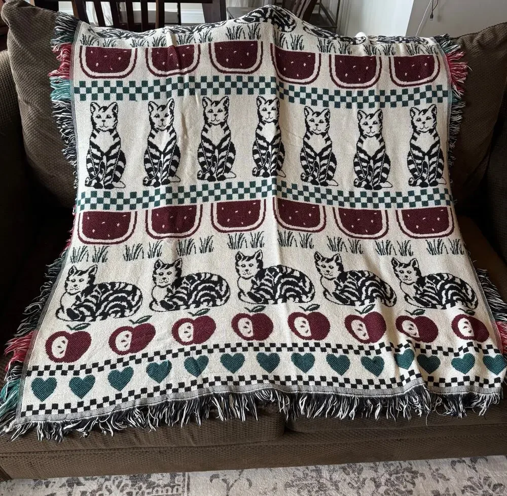 VTG Pat Meyers Reversible Whimsical Cats Apples Hearts Woven Throw Blanket 49x62